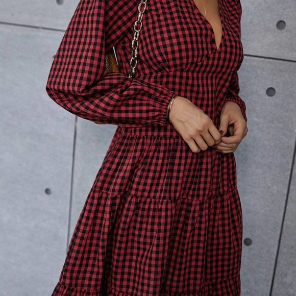 Gingham Bishop Sleeve Ruffle Hem Dress - Picture 2 of 5